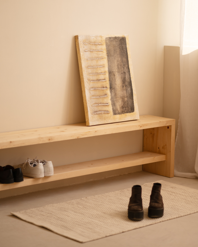Banc à chaussures en bois massif ton chêne moyen en différentes tailles