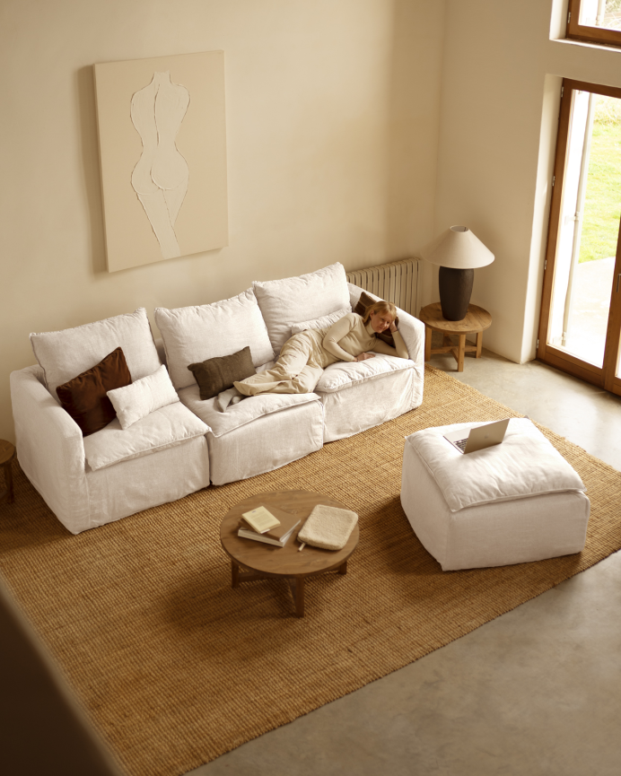 Canapé modulaire 3 places avec chaise longue droite en coton et lin déhoussable ton blanc de 285x185cm