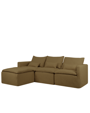 Canapé modulaire 3 places avec chaise longue gauche en coton et lin déhoussable ton vert de 285x185cm