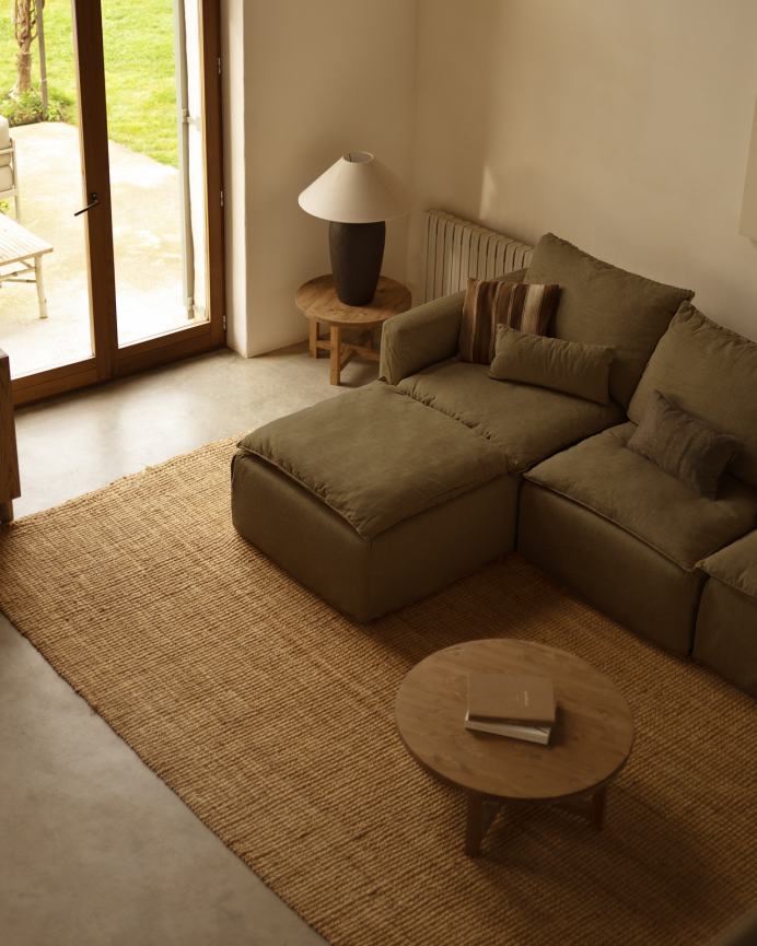 Canapé modulaire 3 places avec chaise longue gauche en coton et lin déhoussable ton vert de 285x185cm