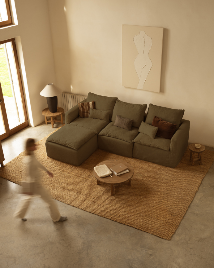 Canapé modulaire 3 places avec chaise longue gauche en coton et lin déhoussable ton vert de 285x185cm