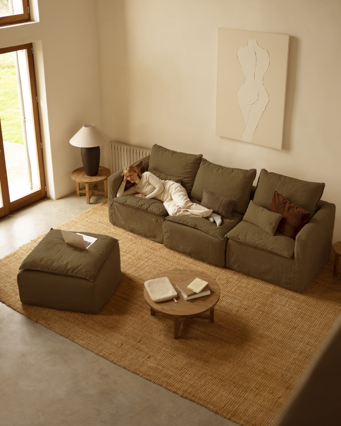 Canapé modulaire 3 places avec chaise longue gauche en coton et lin déhoussable ton vert de 285x185cm