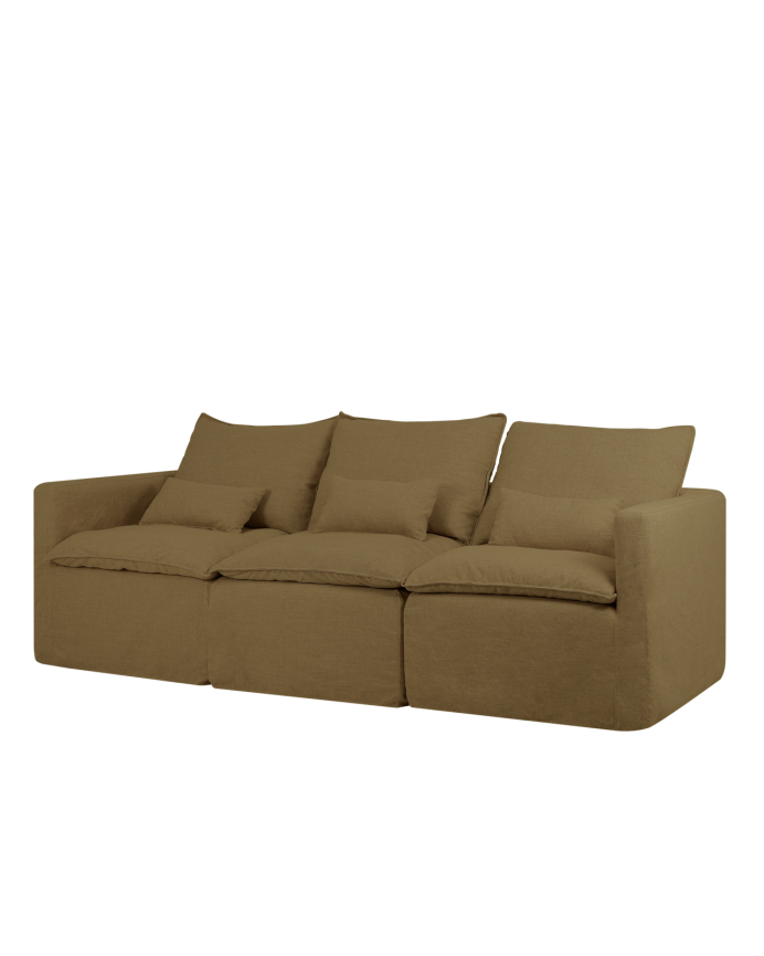 Canapé modulaire droit en coton et lin déhoussable ton vert de 285x96cm