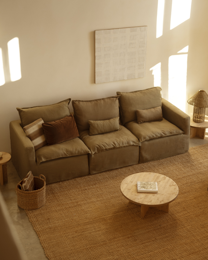Canapé modulaire droit en coton et lin déhoussable ton vert de 285x96cm