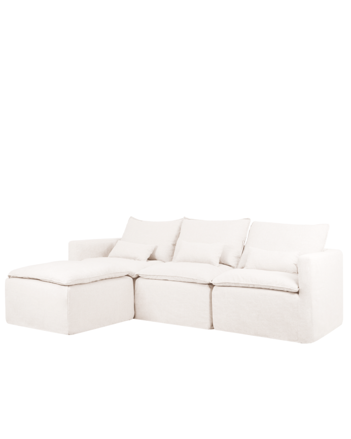 Canapé modulaire 3 places avec chaise longue gauche en coton et lin déhoussable ton blanc de 285x185cm