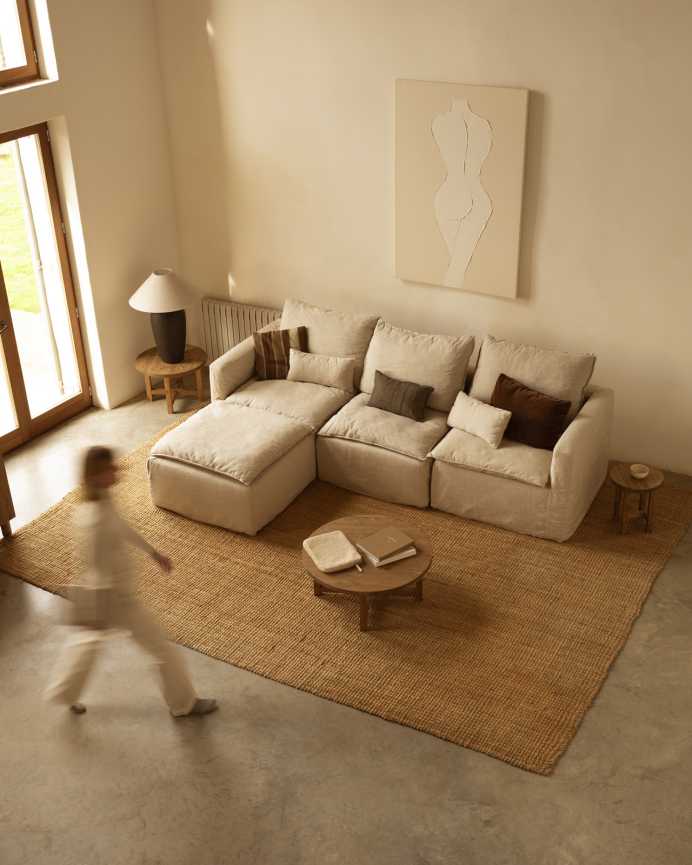 Canapé modulaire 3 places avec chaise longue gauche en coton et lin déhoussable ton beige de 285x185cm