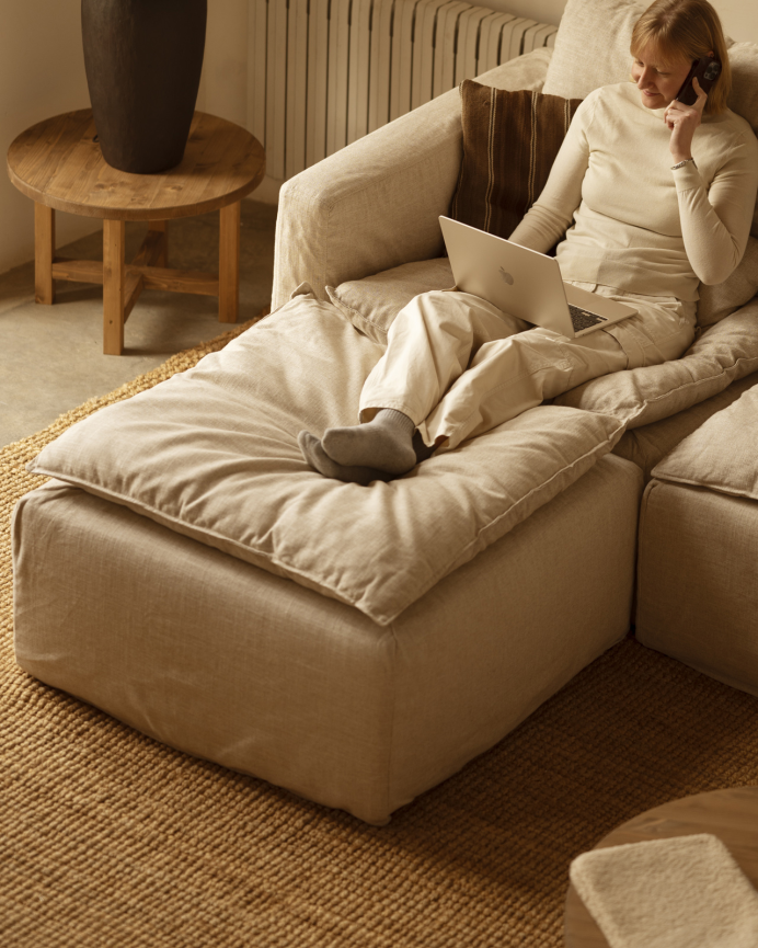 Canapé modulaire 3 places avec chaise longue gauche en coton et lin déhoussable ton beige de 285x185cm