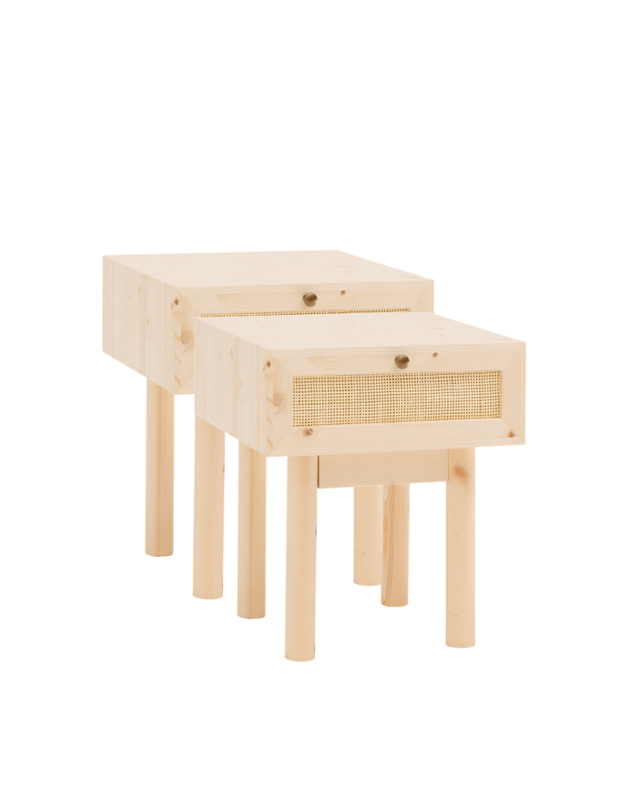 Pack de 2 tables de chevet en bois massif et rotin avec un tiroir ton naturel de 40x45cm